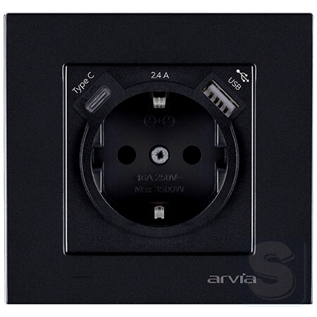 Розетка із заземленням та шторками USB-A + USB-C 5V-2.4A Arvia Electric KAREN Чорний (20 07 2000 301)